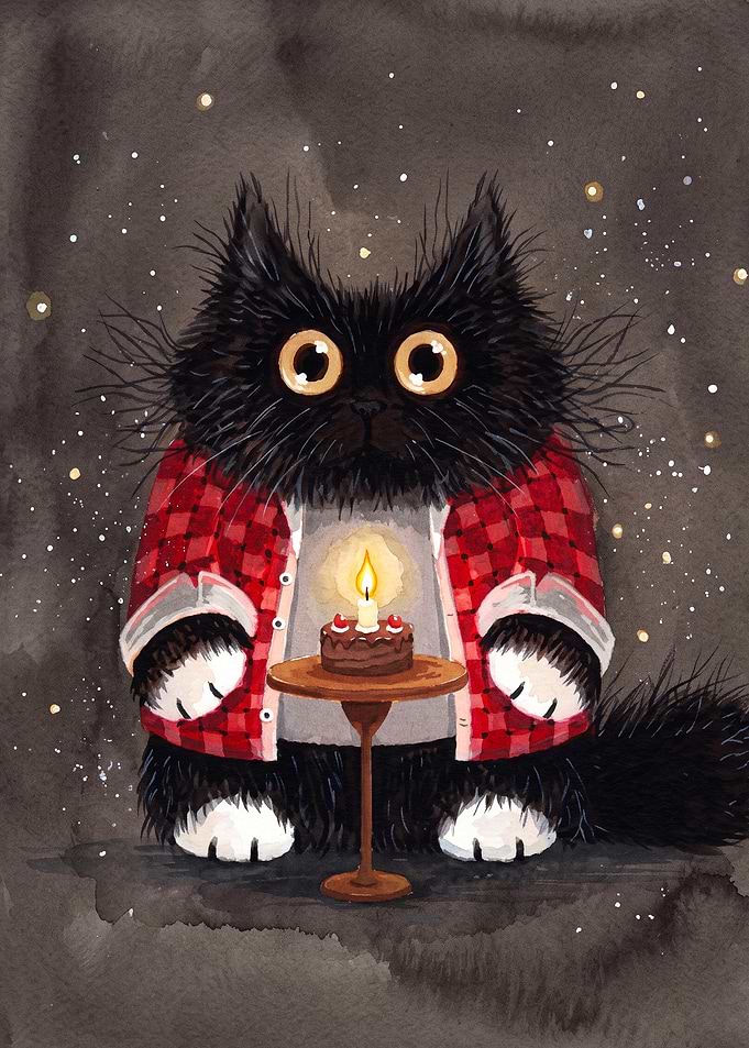 Black Cat Birthday Cake Watercolor