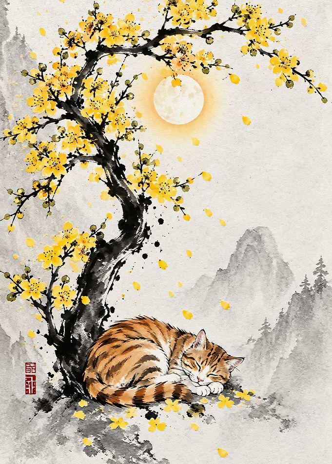 Sleeping Tabby Cat Under Yellow Blossoms