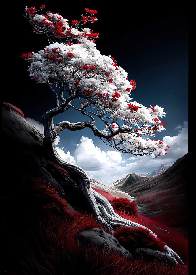 Surreal Red and White Bonsai Tree