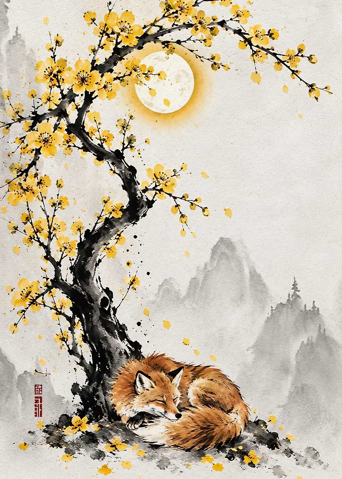 Sleeping Fox Under Yellow Blossoms