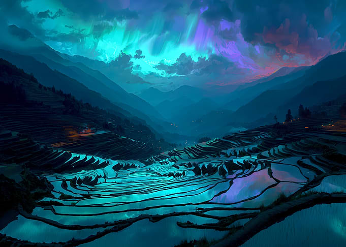 Bioluminescent Rice Terraces Under Aurora