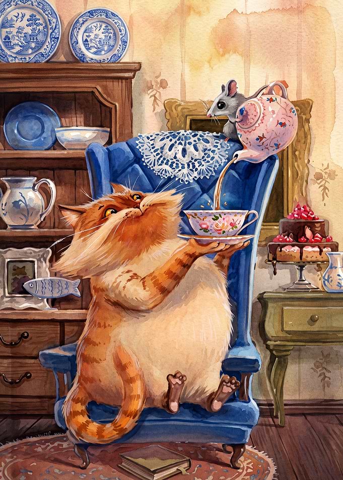 Cat Tea Party Watercolor Poster