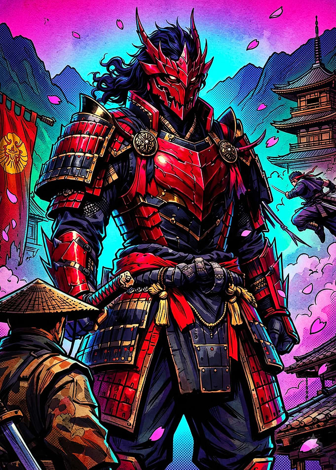Red Samurai Dragon Armor Retro Post