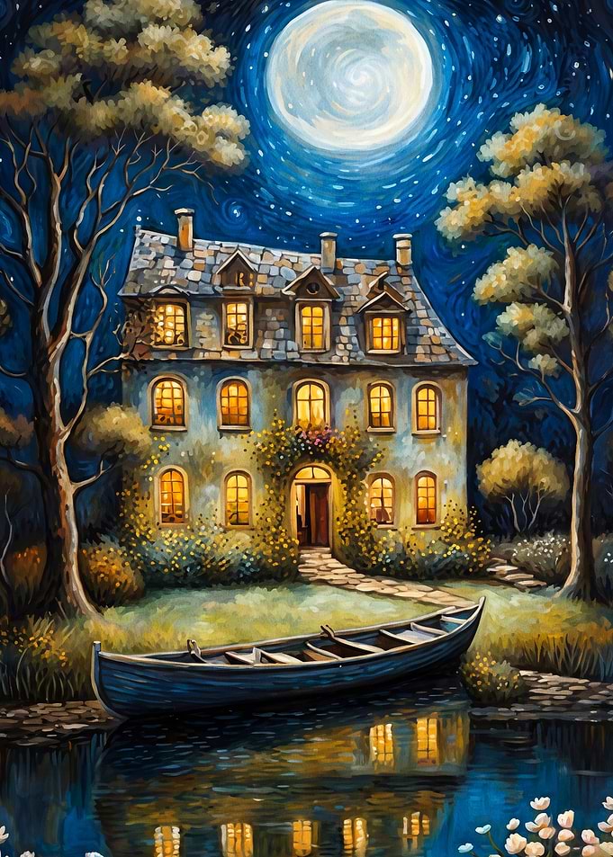 Moonlit House Night River Art Poste