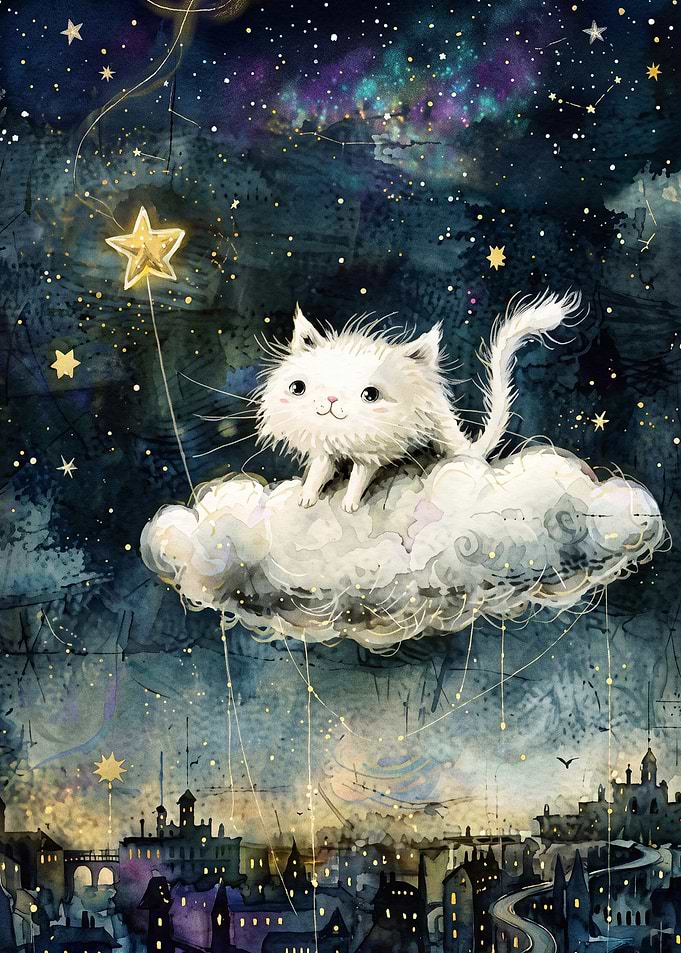 Cat Cloud Starry Night Fantasy Art