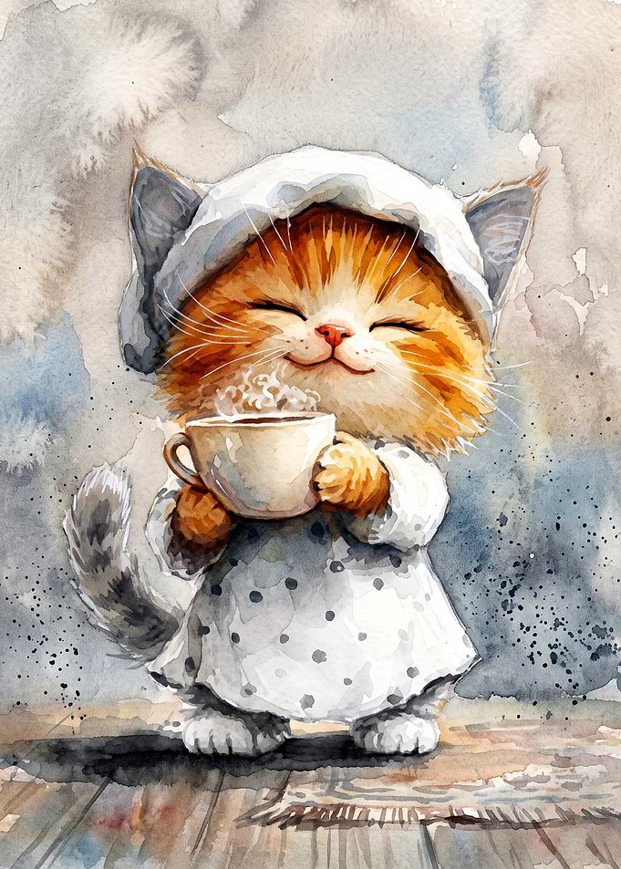 Cat Coffee Watercolor Poster