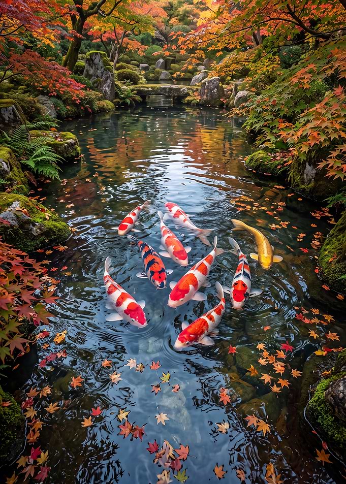 Koi in a Japanese Autumn Garden