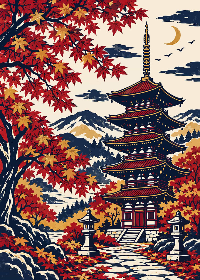 Japanese Pagoda in Autumn Landscape