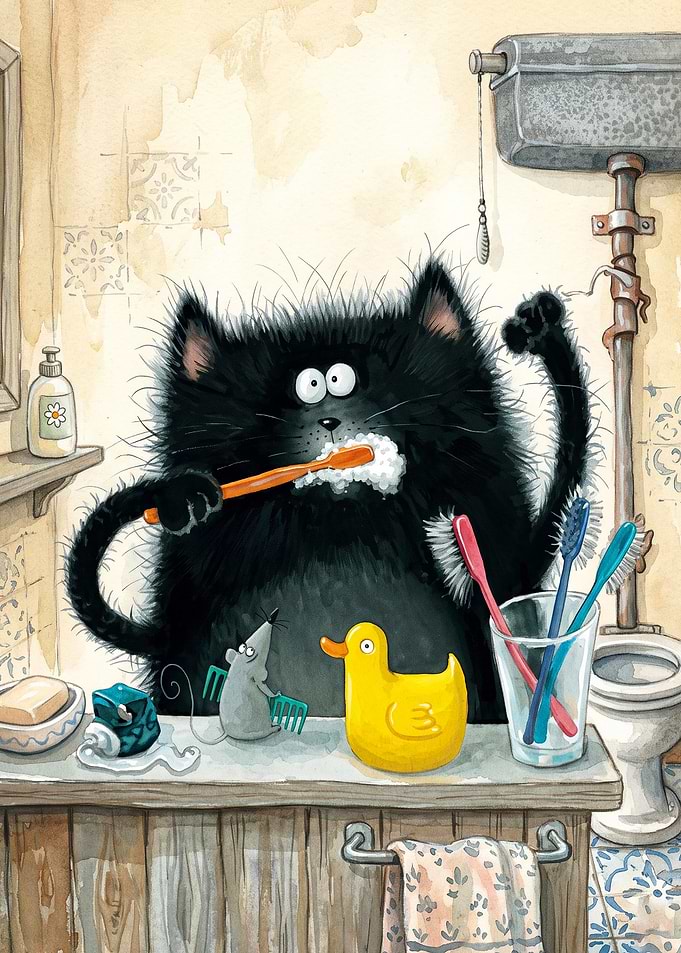 Black Cat Bathroom Funny Art