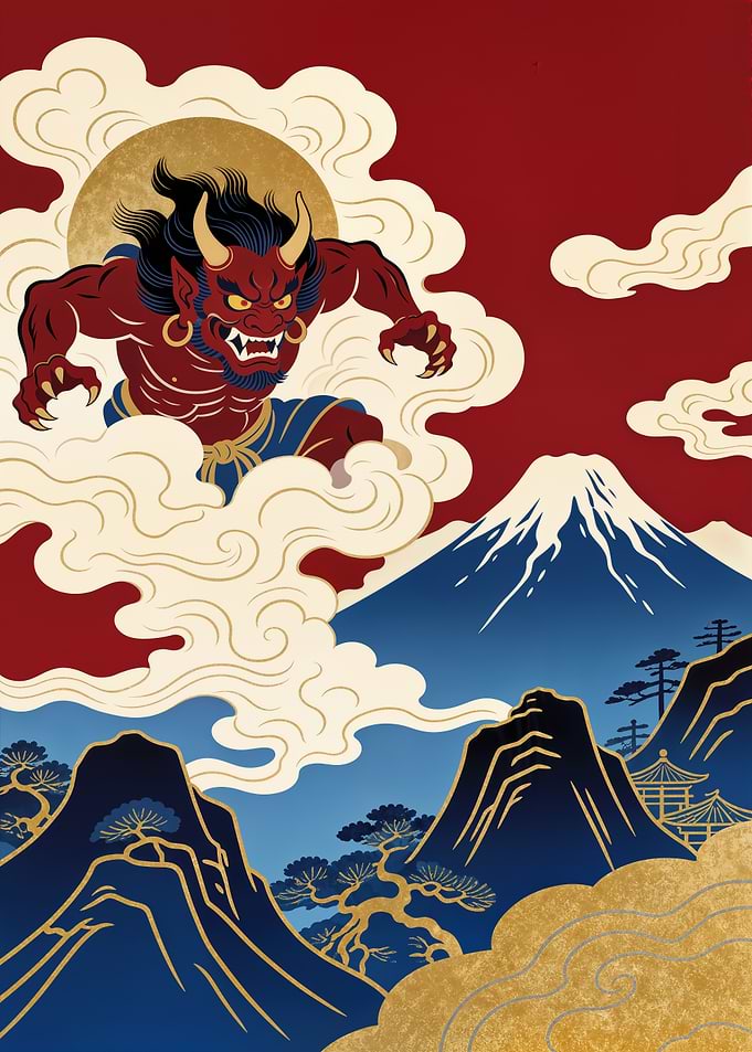Crimson Oni Rising Over Mount Fuji