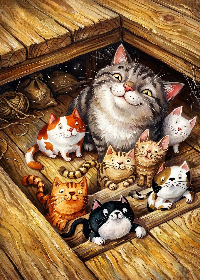 Cats Family Cozy Wooden Floor Art