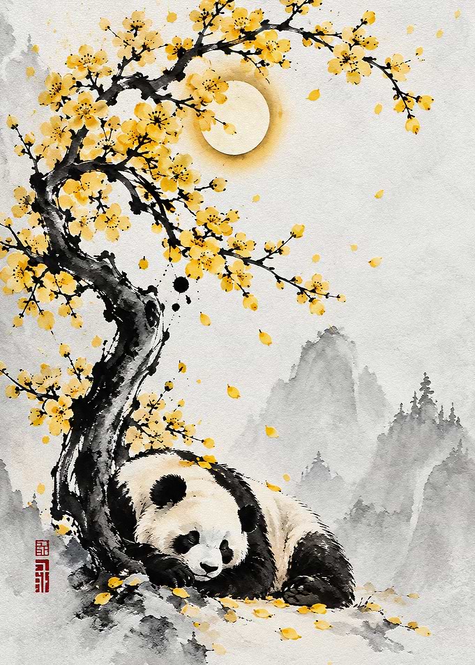 Sleeping Panda Under Yellow Blossoms