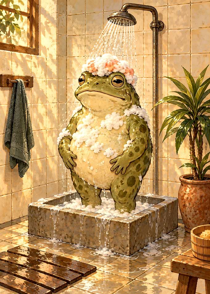 Frog Taking a Relaxing Shower