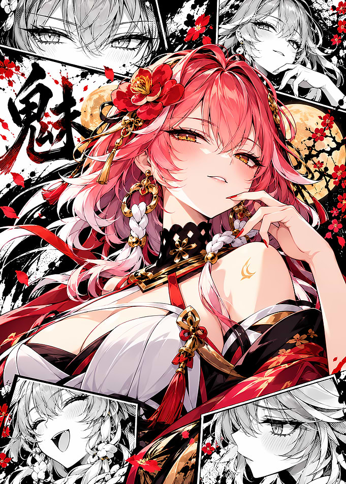 Elegant Anime Girl with Red Flowers