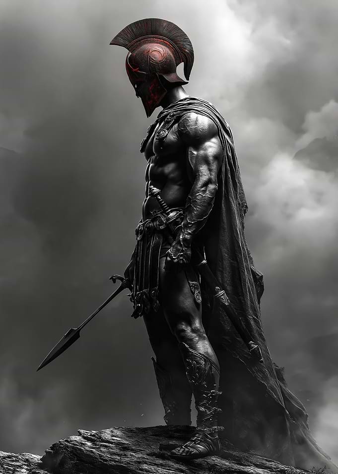 Spartan Warrior Standing on Rock