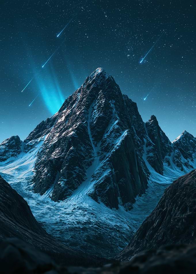 Majestic Snowy Mountain Under Meteor Shower