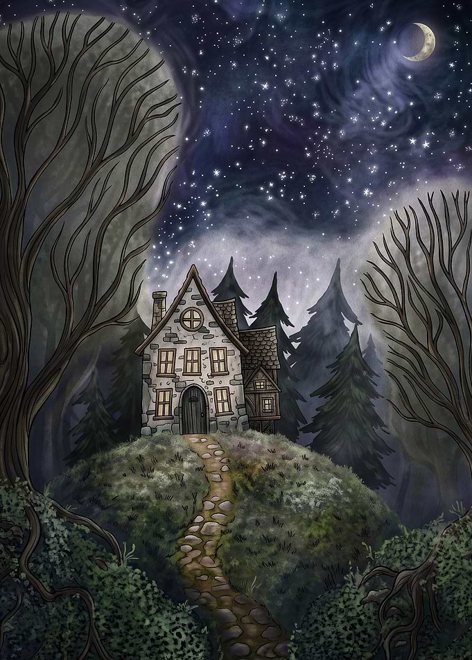 Starry Night Cottage Fantasy Art