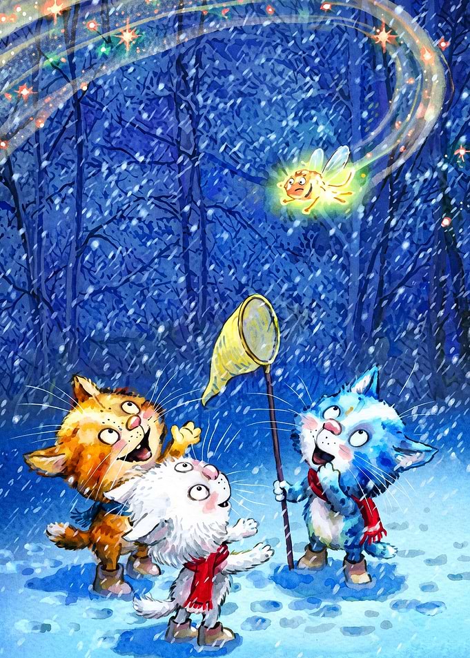Cats Firefly Magic Winter Fantasy