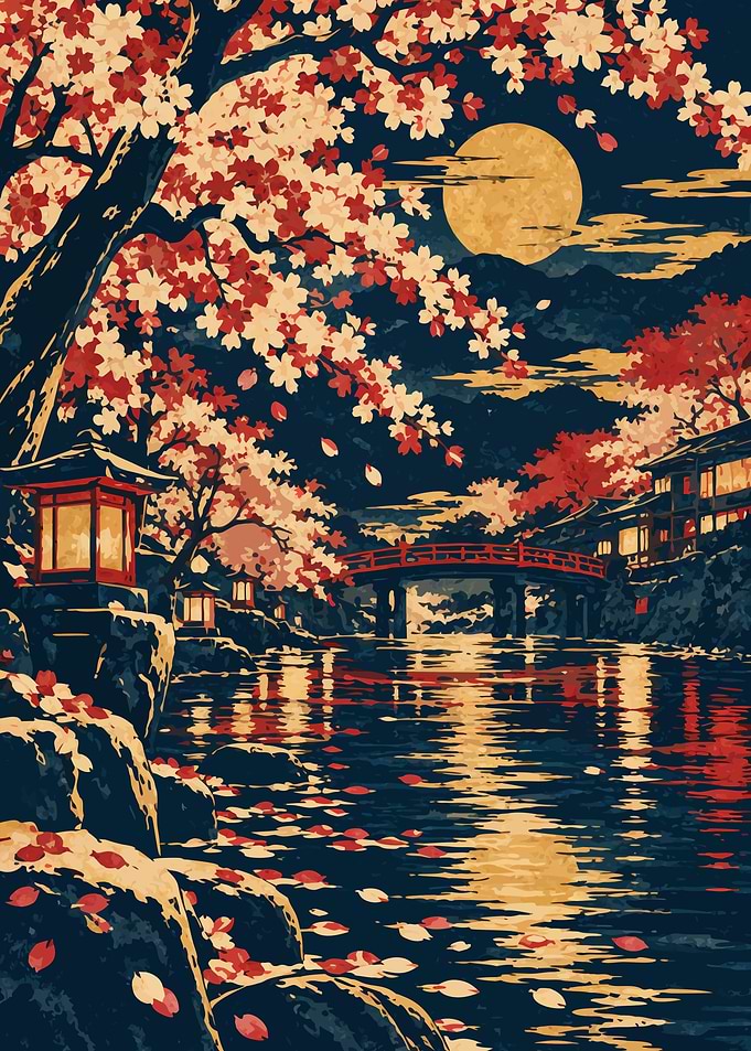Nighttime Japanese Cherry Blossom River Scene