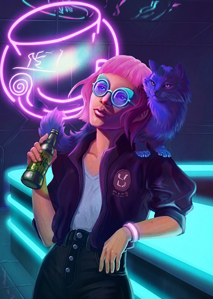 Cyberpunk Girl Cat Neon Bar Art