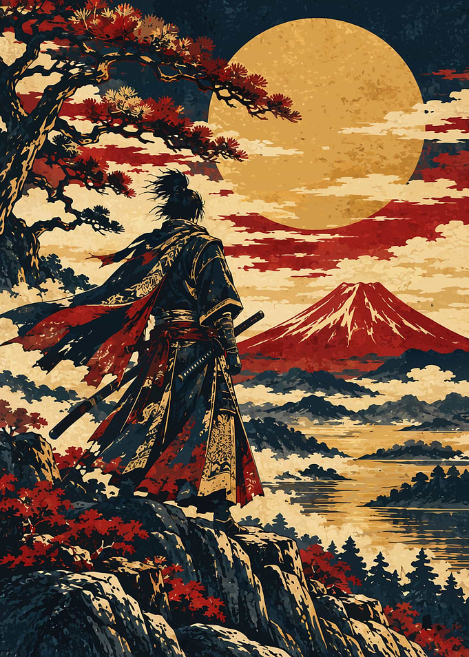 Samurai Before Red Mount Fuji — Japanese Woodblock Art Print