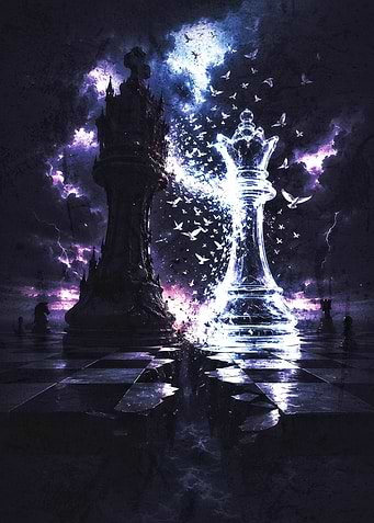 Ethereal Chess Pieces in Stormy Landscape