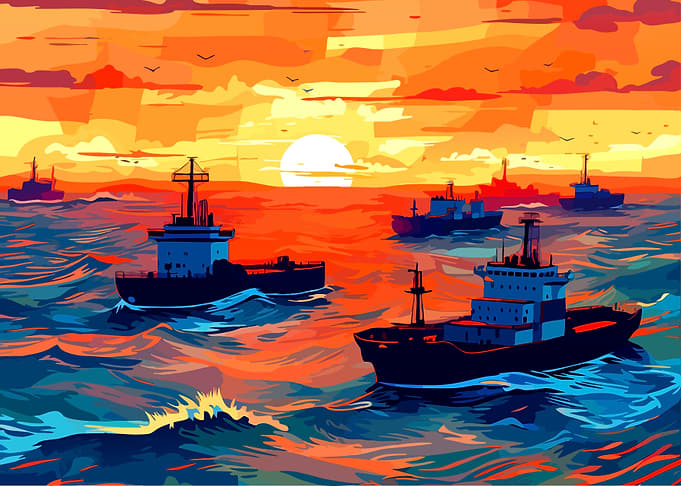 Ships Sailing at Sunset