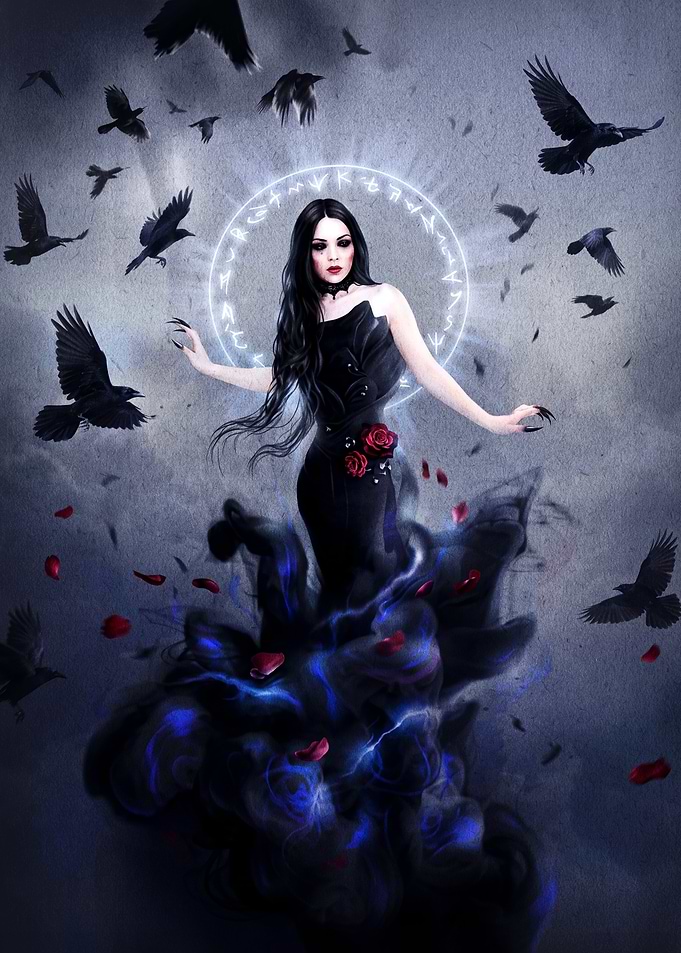 Gothic Sorceress with Ravens and Roses