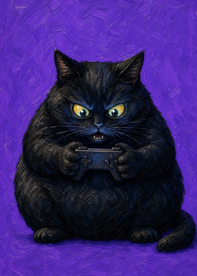 Chubby Black Cat Playing Video Games