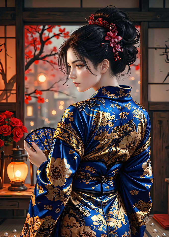 Elegant Woman in Blue Gold Kimono