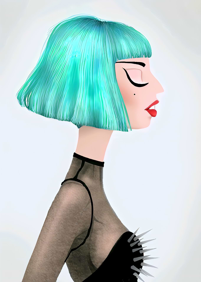 Stylized Woman with Teal Bob Hair