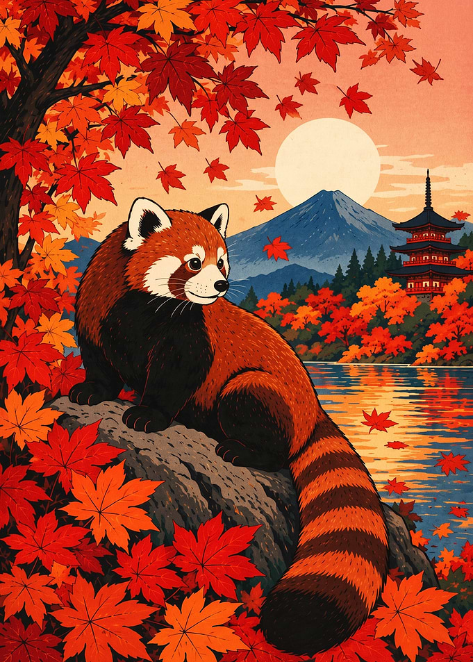 Red Panda in Autumn Japanese Landscape