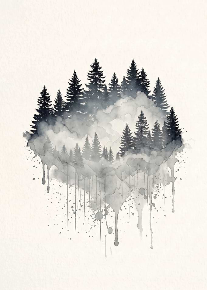 Watercolor Pine Forest Silhouette
