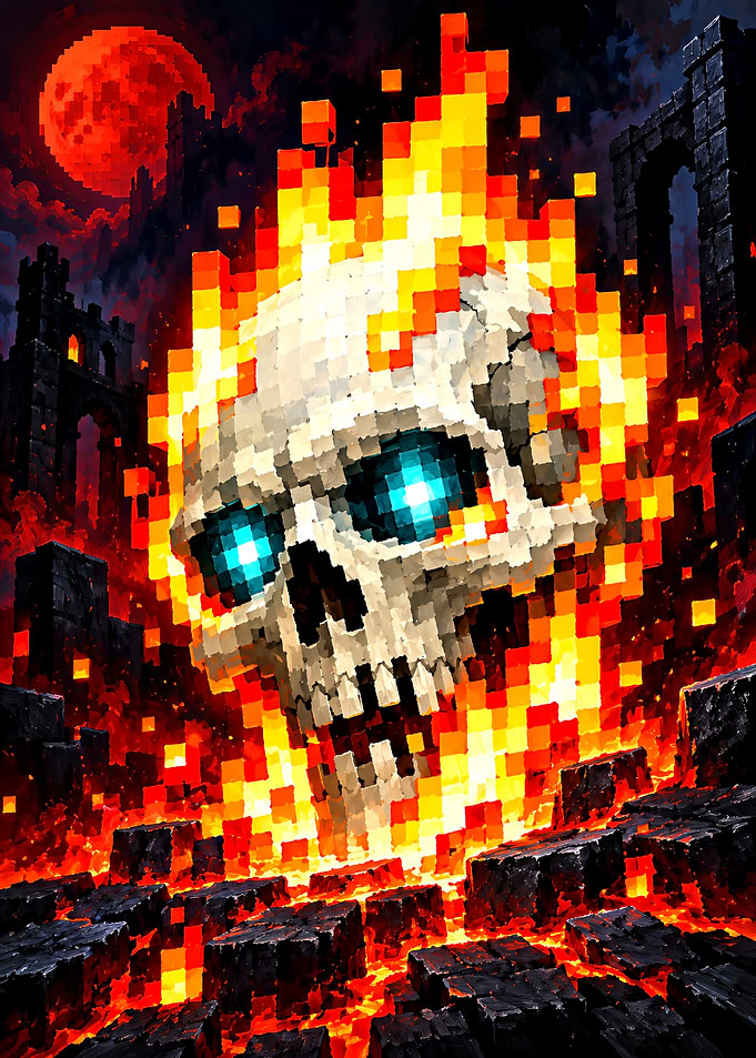 Pixel Art Flaming Skull