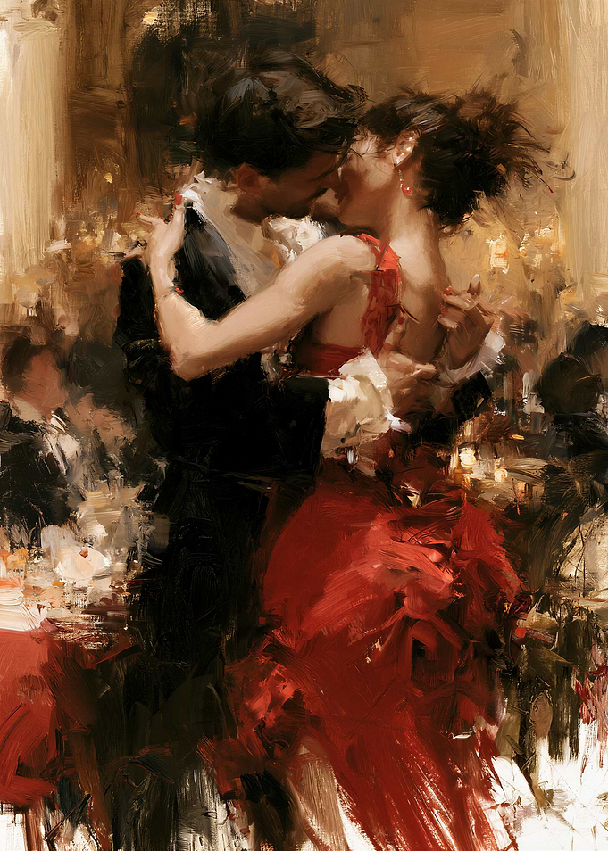 Passionate Couple Dancing in Red Dress