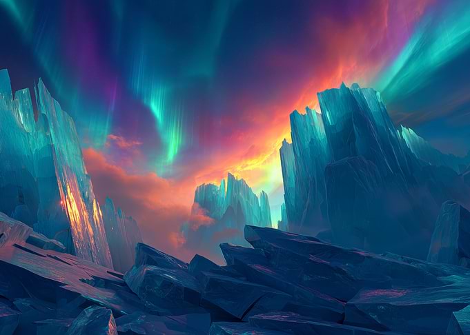 Aurora Borealis Over Frozen Ice Peaks