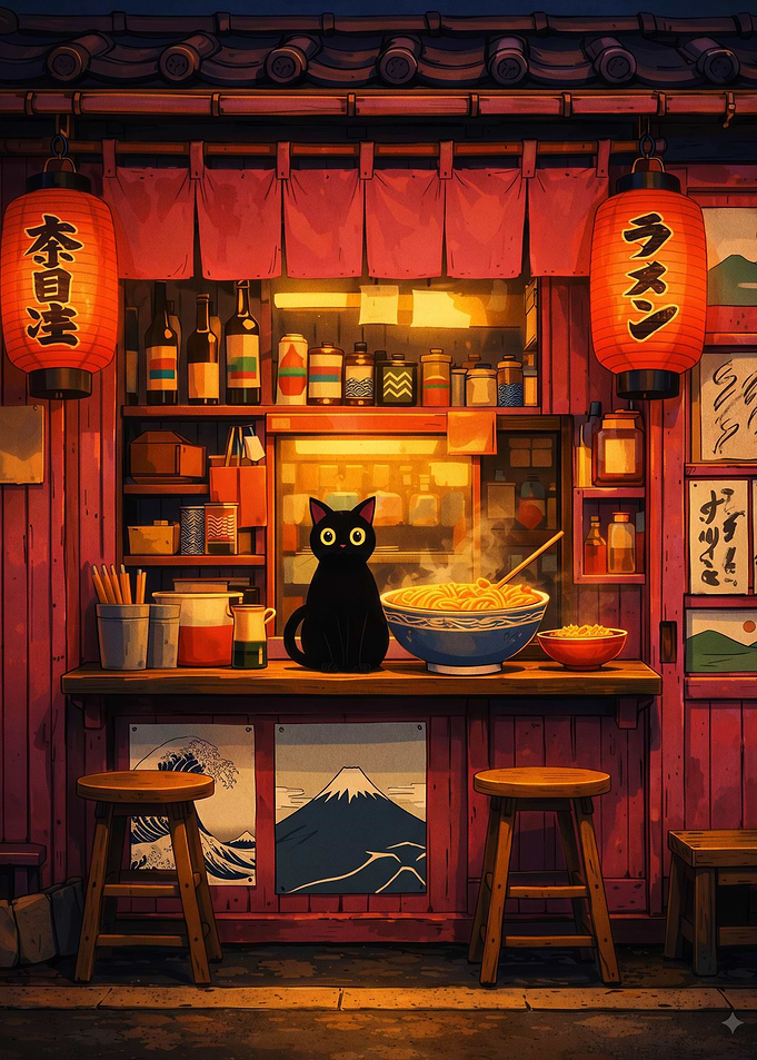 Black Cat at Ramen Shop