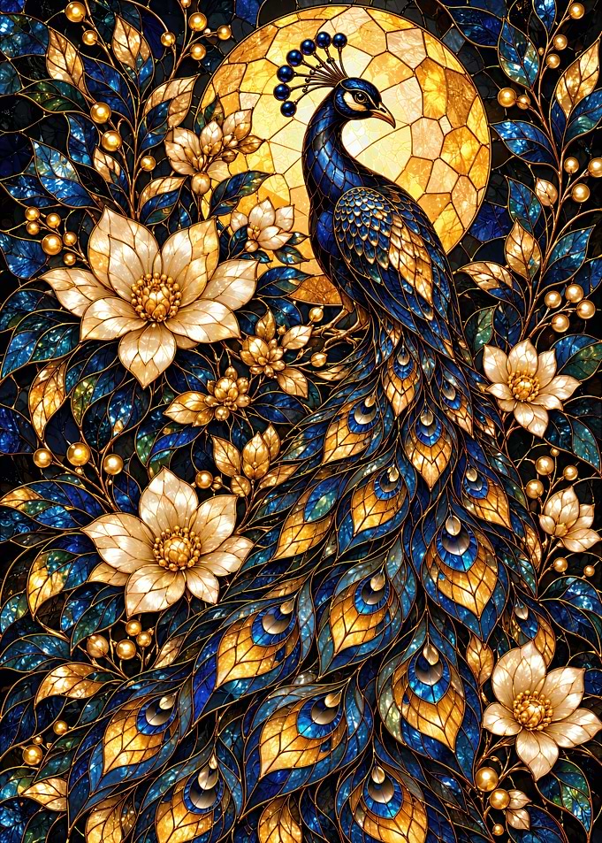 Stained Glass Peacock and Floral Art