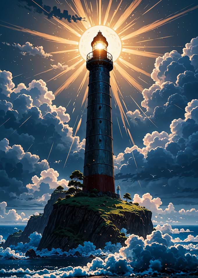 Lighthouse Under Glowing Full Moon Landscape