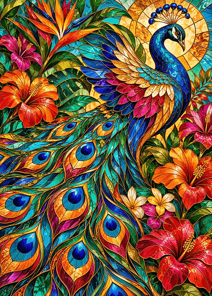Stained Glass Peacock and Tropical Flowers