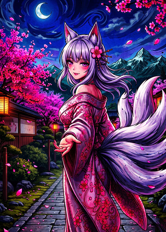 Kitsune Fox Girl Anime Art Poster