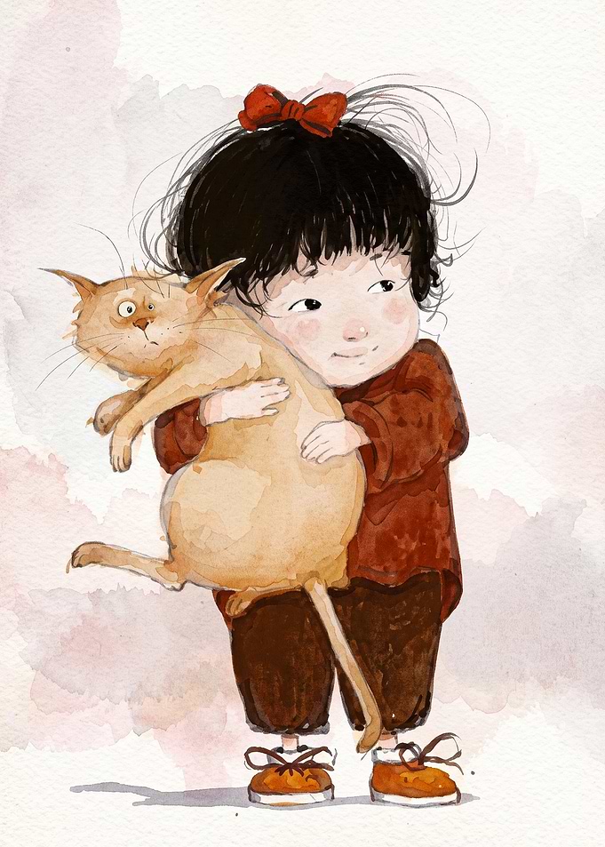 Girl Cat Hug Watercolor Cute Art