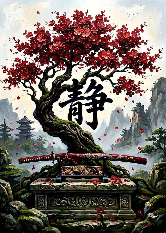 Serene Katana Under Cherry Blossom Tree