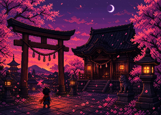 Pixel Art Japanese Temple at Sunset