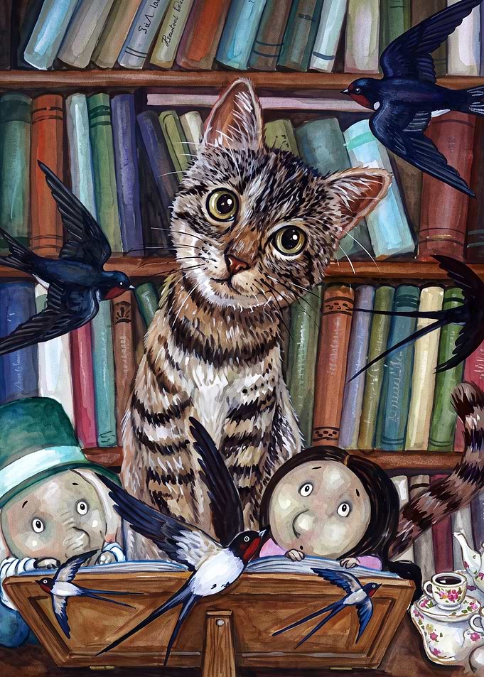 Cat Library Bookworm Whimsical Art