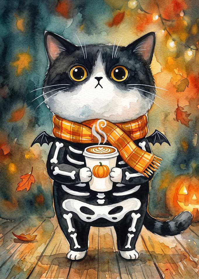 Cat Skeleton Pumpkin Spice Watercol