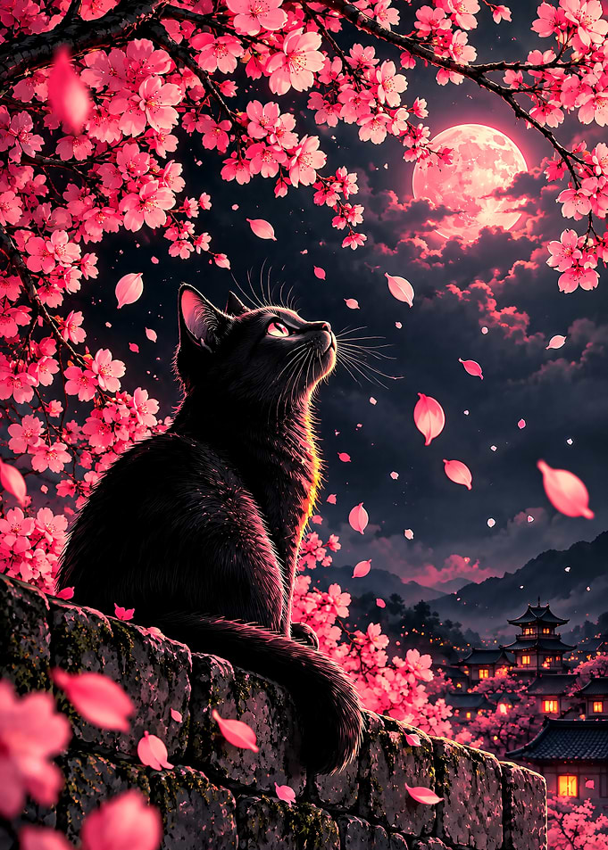 Black Cat Under Cherry Blossoms