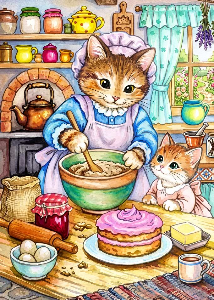 Cat Baking Kitchen Cute Watercolor