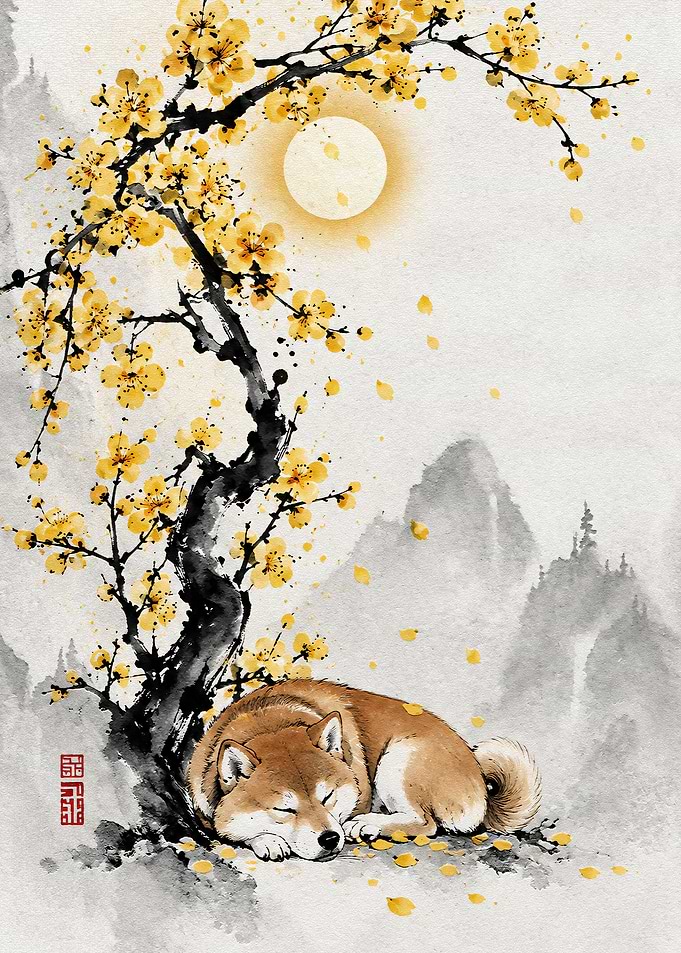 Sleeping Shiba Inu Under Cherry Blossoms