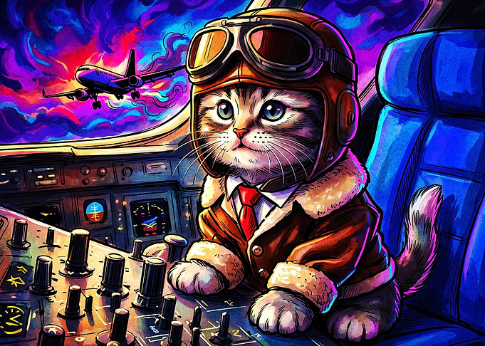 Cat Pilot Aviation Neon Art Poster